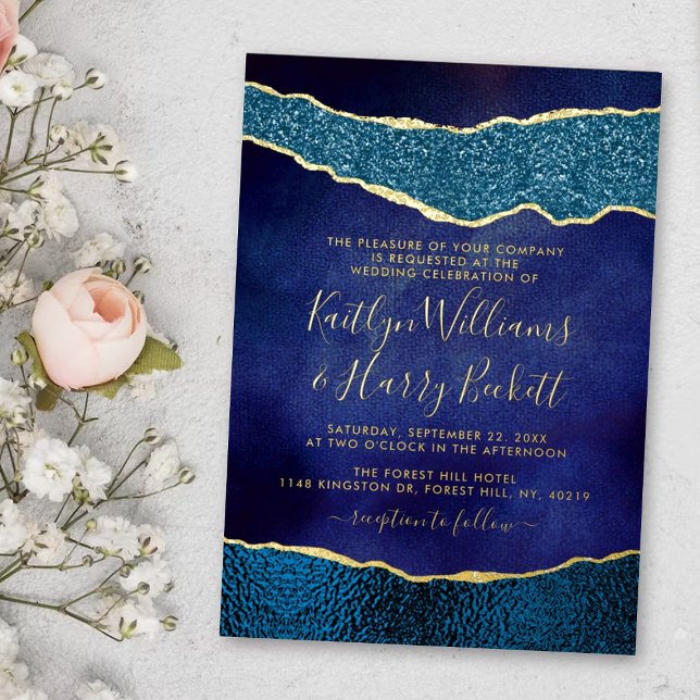 Élégantes invitations de mariage en agate bleu mar (Créateur téléchargé)