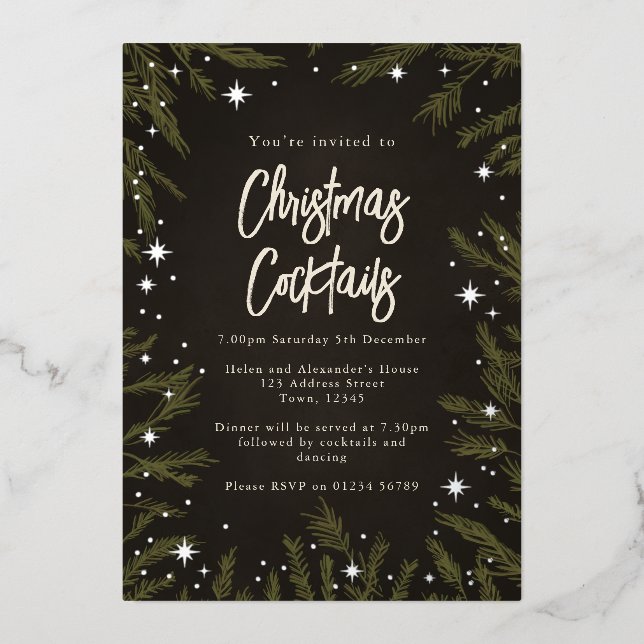 Élégantes stars Cocktails de Noël Foil Invitation (Recto)