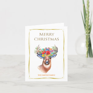 Elegantly beautiful reindeer with flowers and gold holiday card