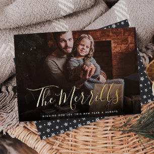 Elegantly Penned Happy New Year Photo Foil Holiday Card