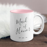 Elegantly Penned | Maid of Honour Two-Tone Coffee Mug<br><div class="desc">A sweet and elegant gift for your maid of honour,  two-tone mug in pink and white features "maid of honour" in hand lettered script typography. Personalize with your wedding date beneath.</div>