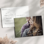 Elegantly Penned | Photo Save the Date Announcement Postcard<br><div class="desc">A modern save the date postcard designed to accommodate your favorite horizontal or landscape oriented full-bleed engagement photo. "Save the date" appears near the bottom of your photo in white handwritten style script lettering, with your names, wedding date and wedding location beneath. Reverse side reveals additional save the date details,...</div>