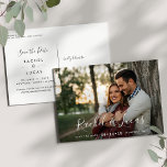 Elegantly Penned | Photo Save the Date Announcement Postcard<br><div class="desc">An elegant wedding save the date postcard designed to accommodate your favourite horizontal or landscape oriented full-bleed engagement photo. Your names appear as a white text overlay in modern hand lettered script. Personalize with your wedding date and wedding location beneath. Postcards reverse to show additional save the date details, including...</div>