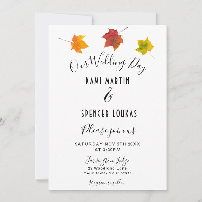 Elegantly Rustic Fall Leaves Wedding Invitation (Front)