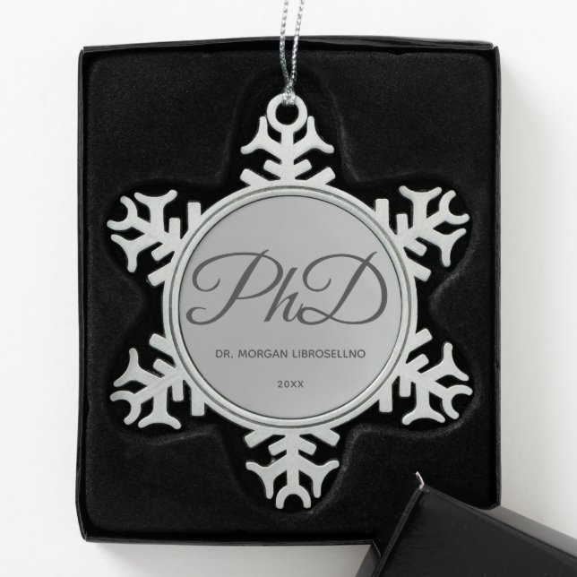 Elegantly Silver Name PhD Graduation Snowflake Pew Snowflake Pewter Christmas Ornament (Box)