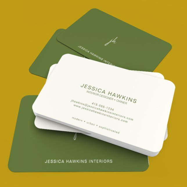 Elegantly Simple Script Monogram Olive Green Business Card (Creator Uploaded)