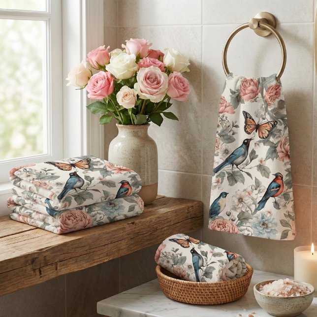 Élégants Oiseaux Fleuris Bleu & Corail (Créateur téléchargé)