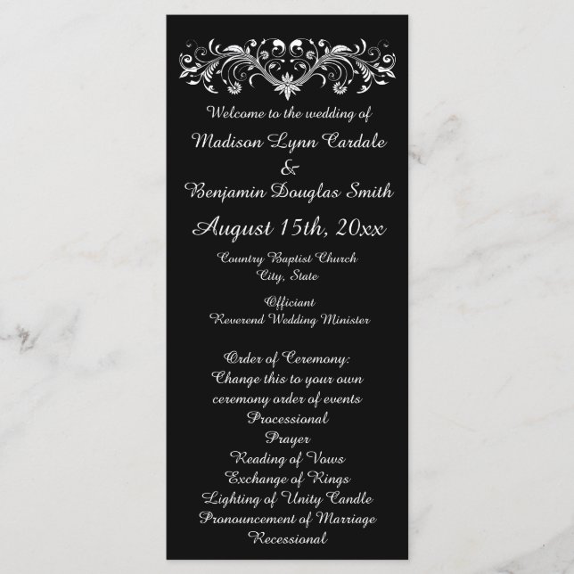Élégants programmes de mariage noir et blanc (Devant)