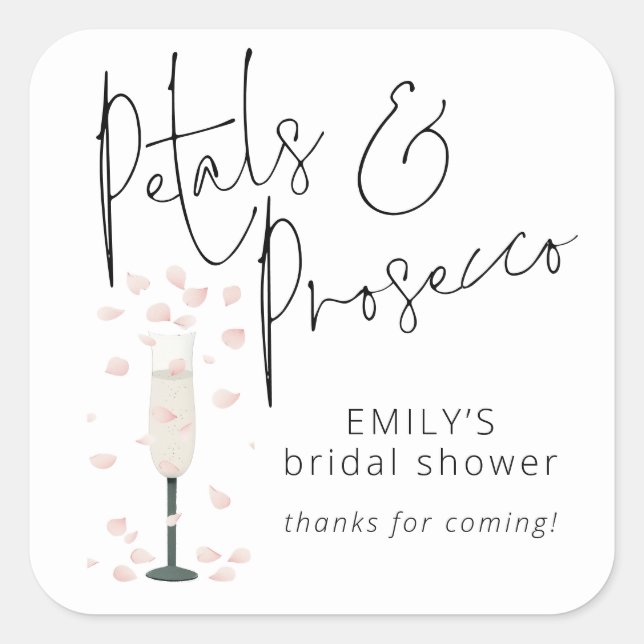 ElegantScript Petals Prosecco Bridal Shower Thanks Square Sticker (Front)