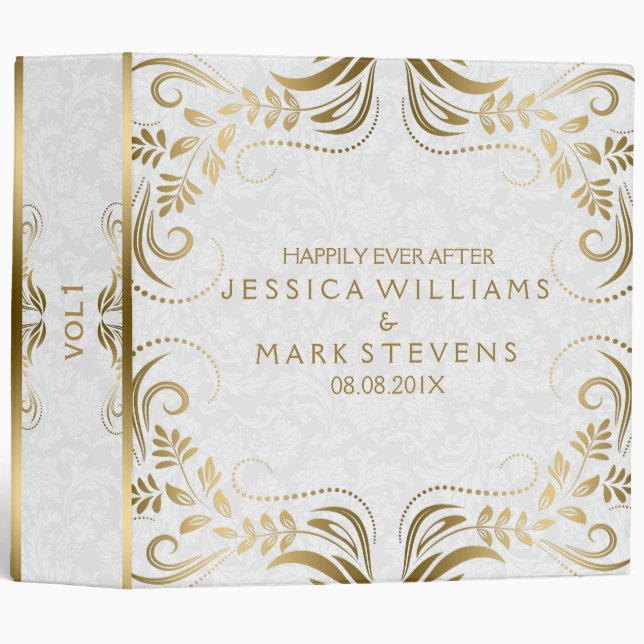 ElegantWhite Damasks And Gold Floral Frame Binder (Front/Spine)