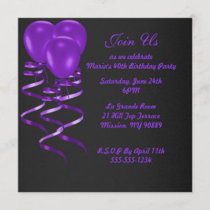 Elegent purple ballon birthday party invitations