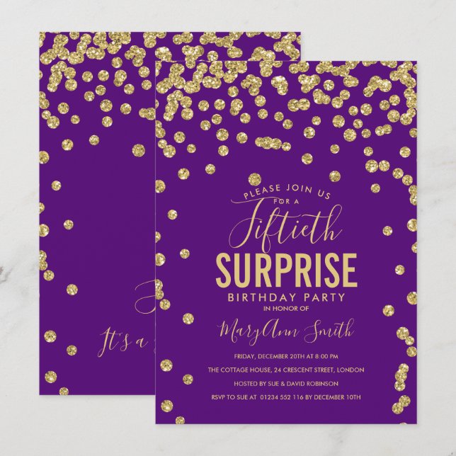 Elegnant 50th Surprise Birthday Gold Purple Invitation (Front/Back)
