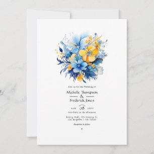 Elemental Blue and Gold Floral Wedding Invitation