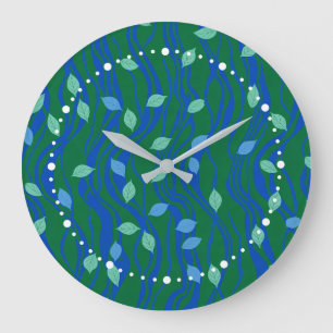 Elemental Flow Emerald Green Cobalt Blue w Leaves Large Clock