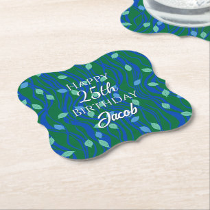 Elemental Flow Emerald Green Cobalt Blue w Leaves Paper Coaster