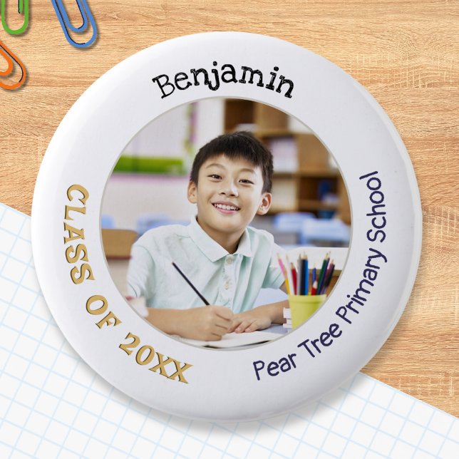 Elementary Primary School Leaver Keepsake Photo 2 Inch Round Button (A button for primary and elementary school leavers, with name, photo, class of (year) and school)