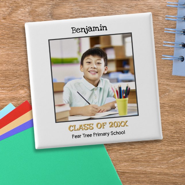 Elementary Primary School Leaver Keepsake Photo 2 Inch Square Button (A keepsake button for a school leaver, customized with photo, name, 'Class of' year and school name)