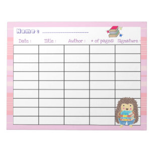 Elementary school pink reading log with hedgehog notepad