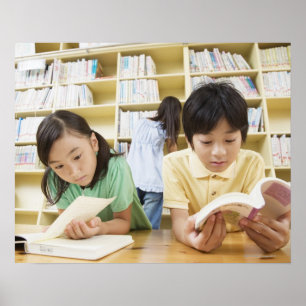 Elementary school students reading a book poster