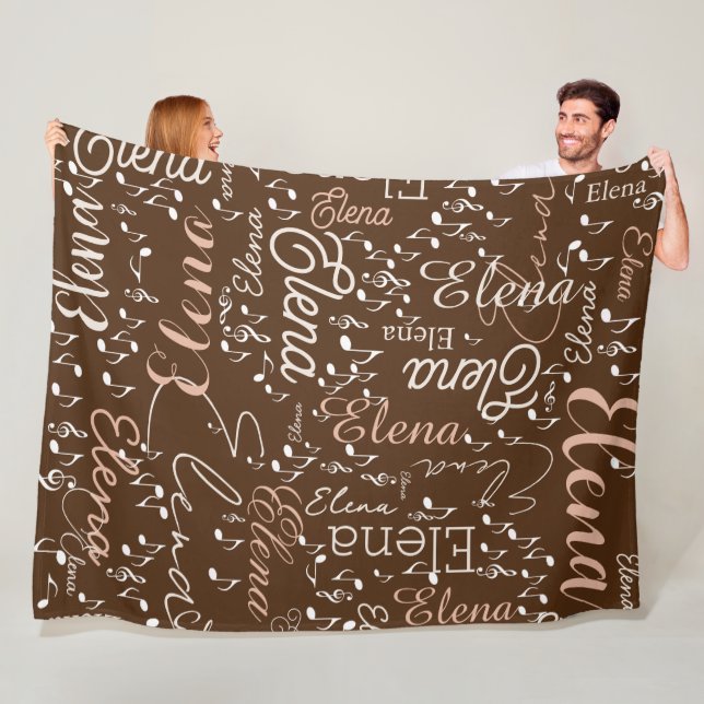 Elena personalized name musical notes brown fleece blanket (In Situ)