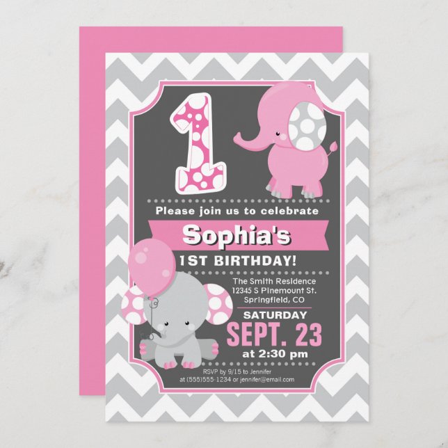 Eléphant 1er anniversaire Invitation fille (Devant / Derrière)