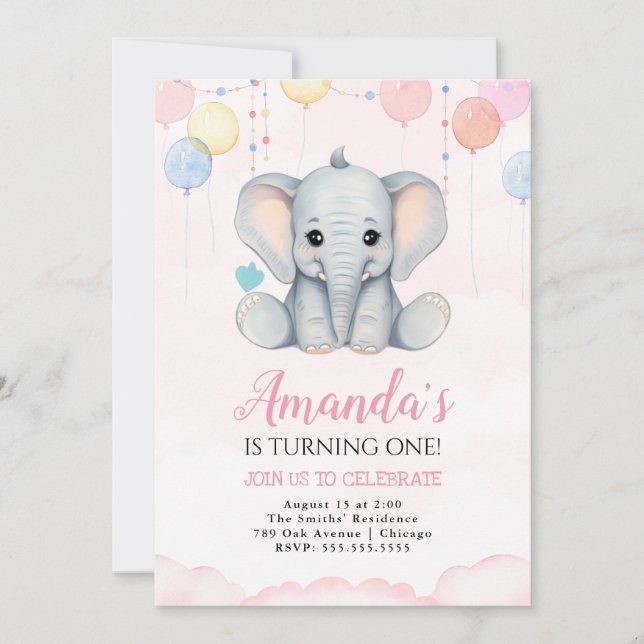 Eléphant 1er anniversaire Invitation fille (Devant)