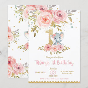 Eléphant 1er anniversaire Invitation Fille rose fl