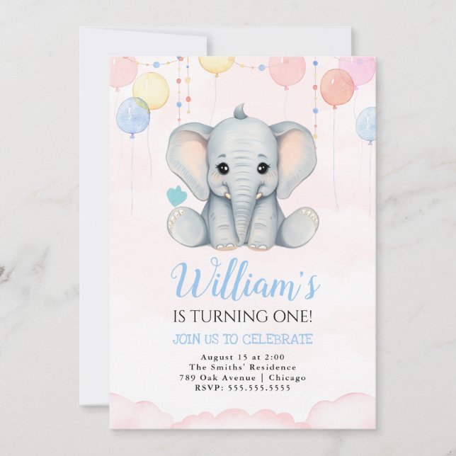 Elephant 1er anniversaire Invitation garçon (Devant)