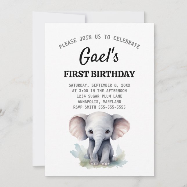 Elephant 1er anniversaire Invitation garçon (Devant)