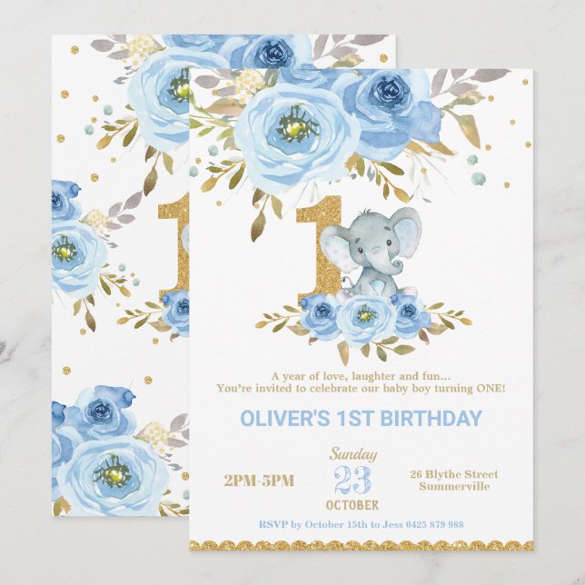 Elephant 1st Birthday Blue Floral Boy Invitation (Front/Back)