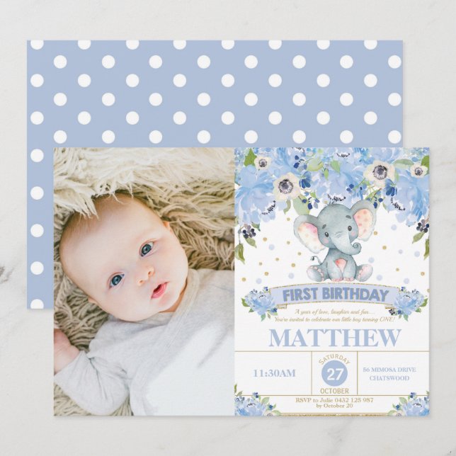 Elephant 1st Birthday Blue Floral Boy Photo Invitation (Front/Back)