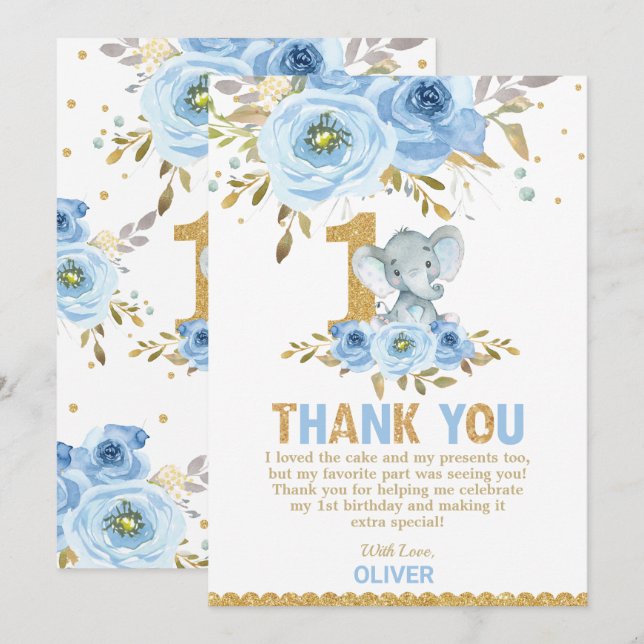 Elephant 1st Birthday Blue Floral Thank You Card (Front/Back)