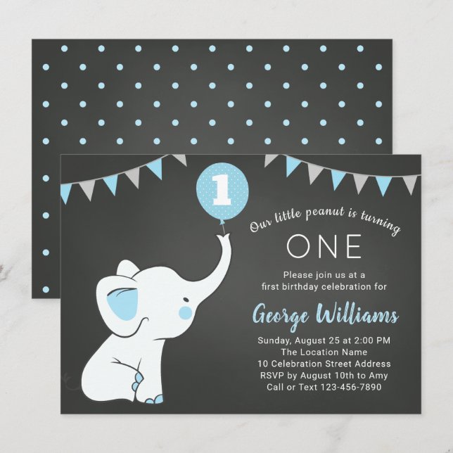 Elephant 1st Birthday Boy Invitation - Custom Age (Front/Back)