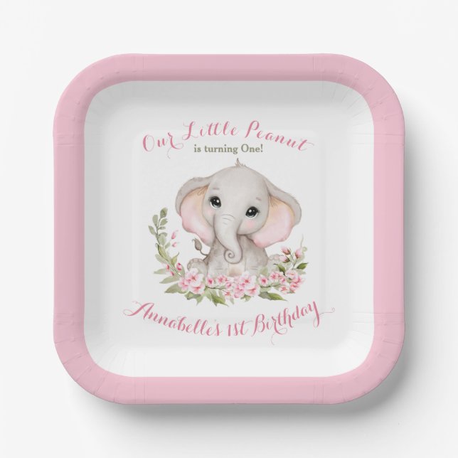 Elephant 1st Birthday Girl Custom Age Square Paper Plate (Front)
