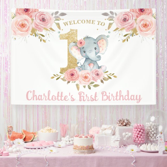 Elephant 1st Birthday One Pink Floral Backdrop  Banner (Party)
