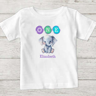 Elephant 1st Birthday one with name purple Baby T-Shirt