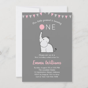 Elephant 1st Birthday Party Invitation - PINK GRAY