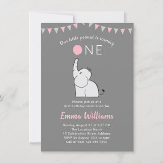 Elephant 1st Birthday Party Invitation - PINK GRAY