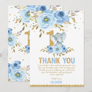 Elephant 1st First Birthday Blue Floral Flowers Thank You Card