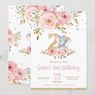 Elephant 2nd Birthday Invitation Girl Pink Floral