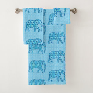 Eléphant à fleurs de Lotus, Turquoise et Blanc