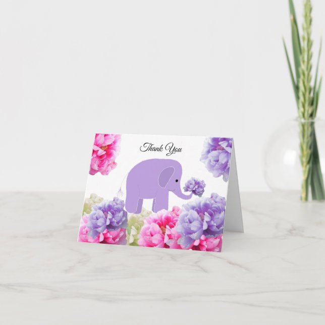 Elephant Among the Peony Flowers Thank You Card (Front)