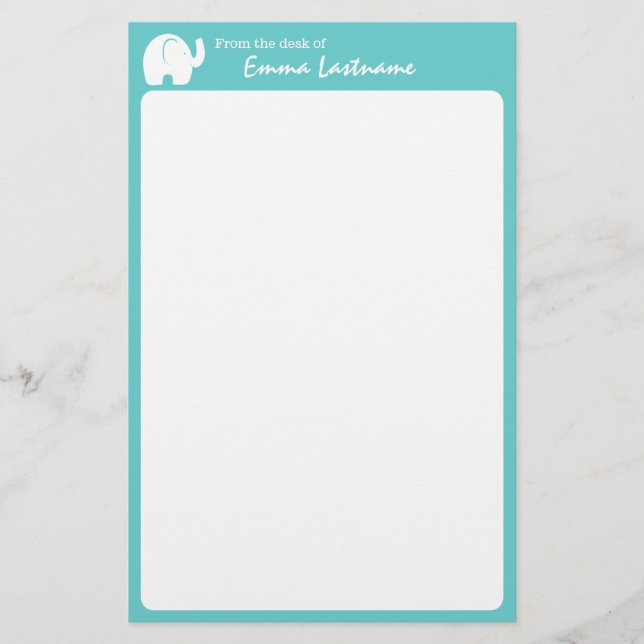 Elephant and Aqua Personalized Stationery (Front)