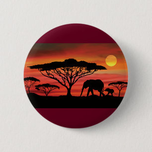 Elephant and Baby and Serengeti Sunset 2 Inch Round Button