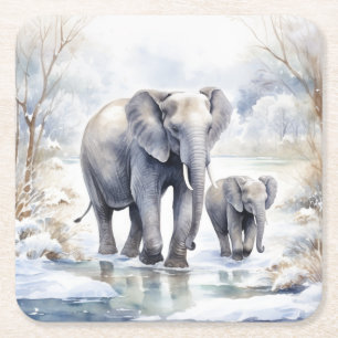 Elephant and Baby Square Paper Coaster