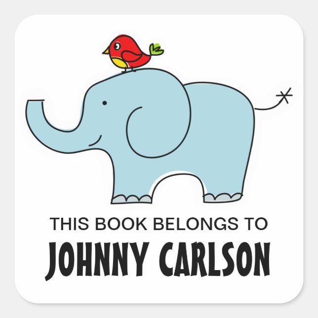 Elephant and Bird Bookplates Square Sticker (Front)