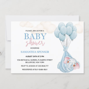 Elephant And Blue Balloons Baby Shower Invitation