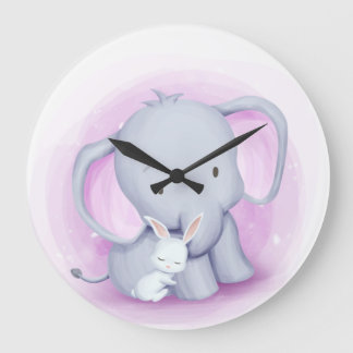 Elephant and bunny love large clock