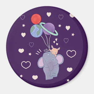 Elephant and Bunny Space Balloon Ride   Whimsical  Magnet
