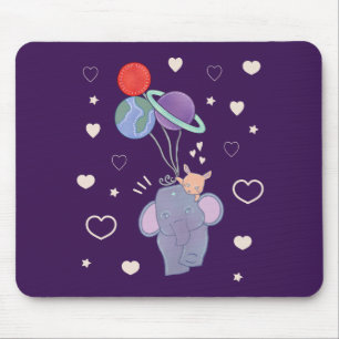Elephant and Bunny Space Balloon Ride Whimsical Mouse Pad